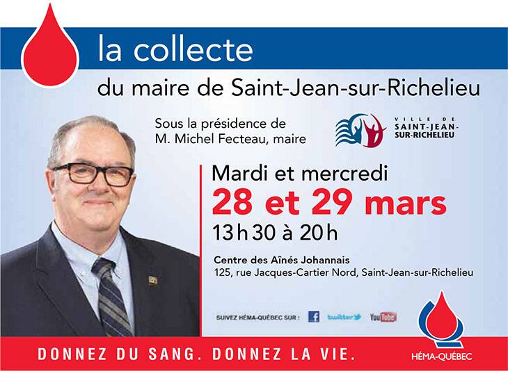 Affiche représentant le maire Michel Fecteau et annonçant la collecte de sang.
